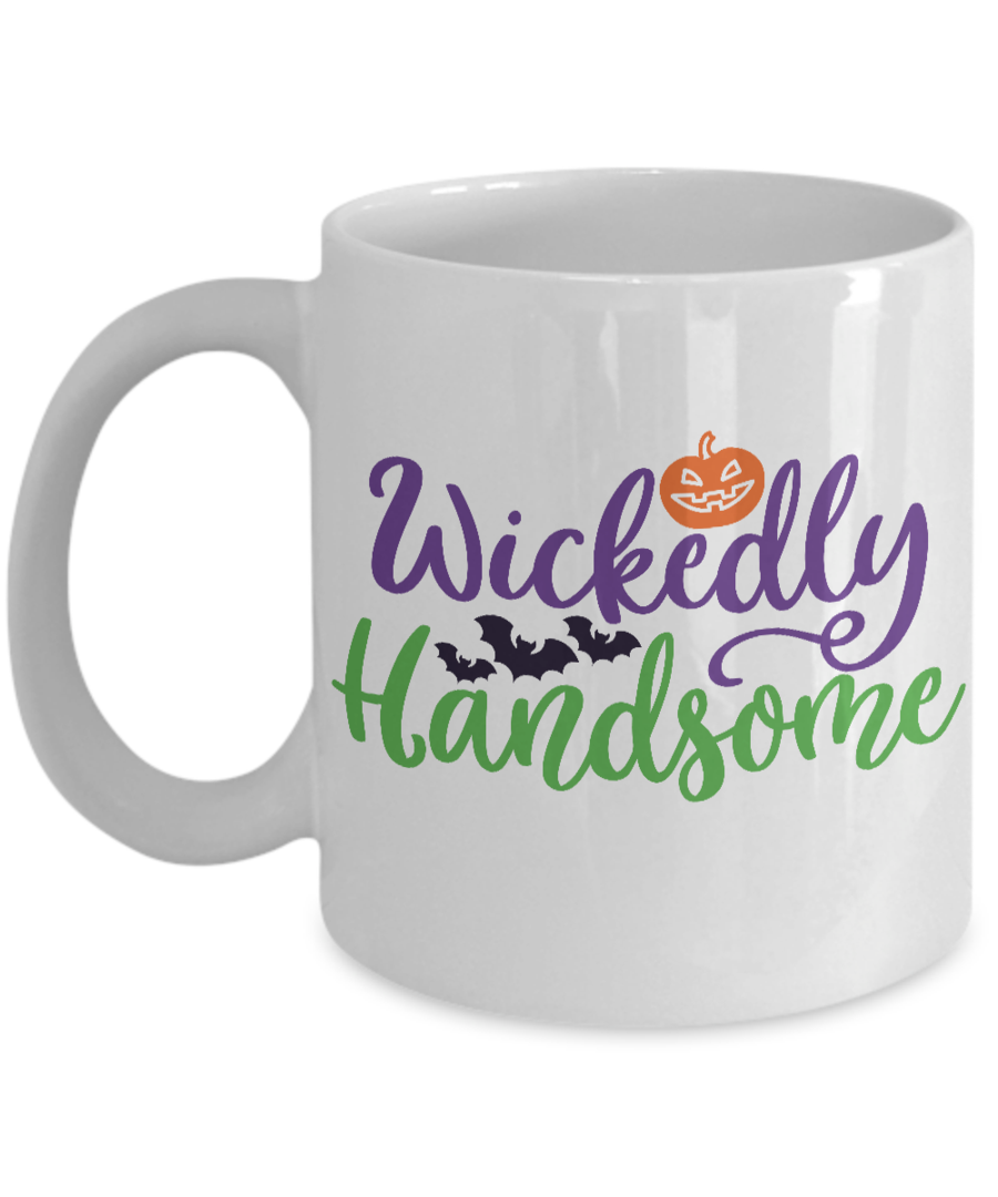 WICKEDLY HANDSOME HALLOWEEN GIFT IDEA WHITE COFFEE MUG GLITTER COFFEE CUP 11/15 OZ FOR MAN WOMAN